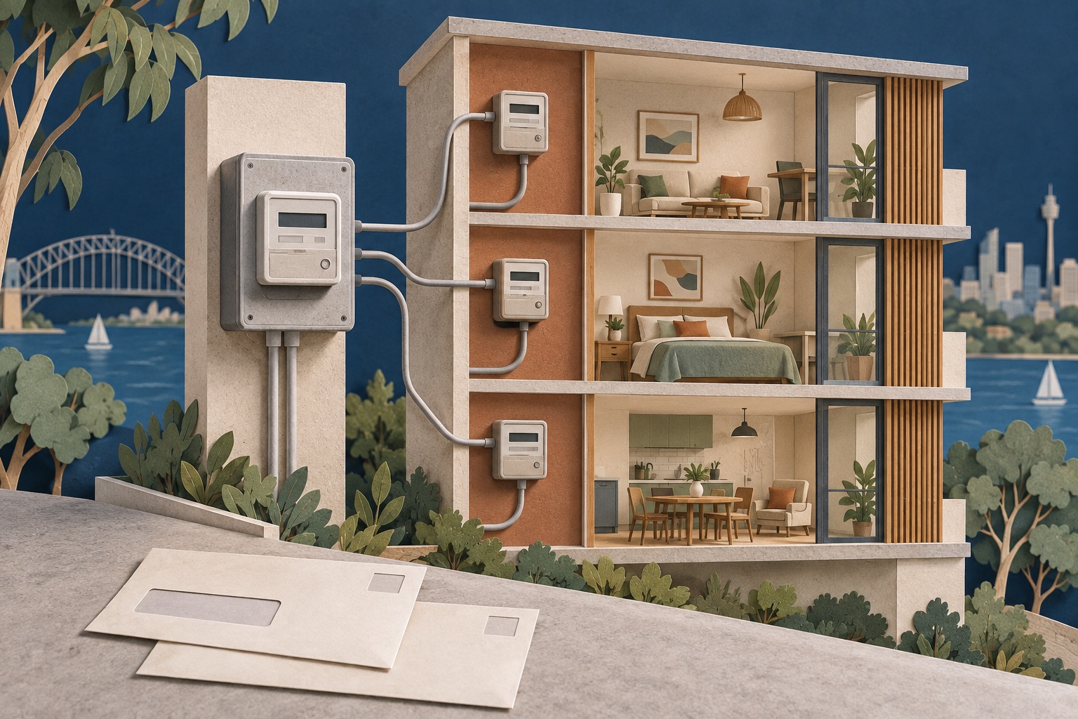 Conceptual apartment model with one main meter linked to smaller meters