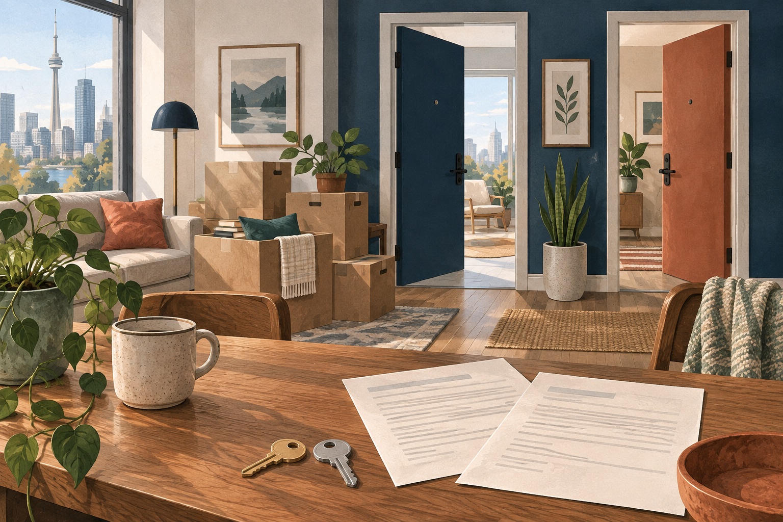 Moving boxes, keys and blank rental papers between two imagined apartment doors
