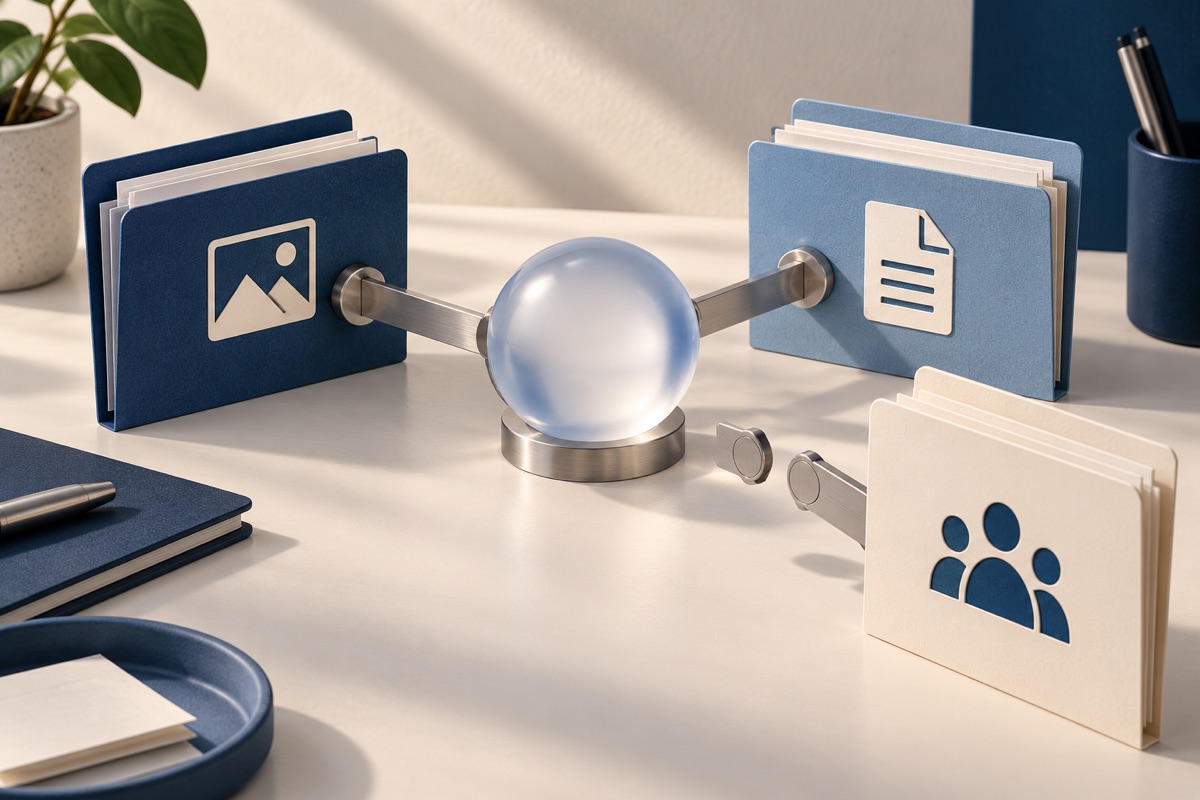 Conceptual folders connected to a central sphere by detachable bridges