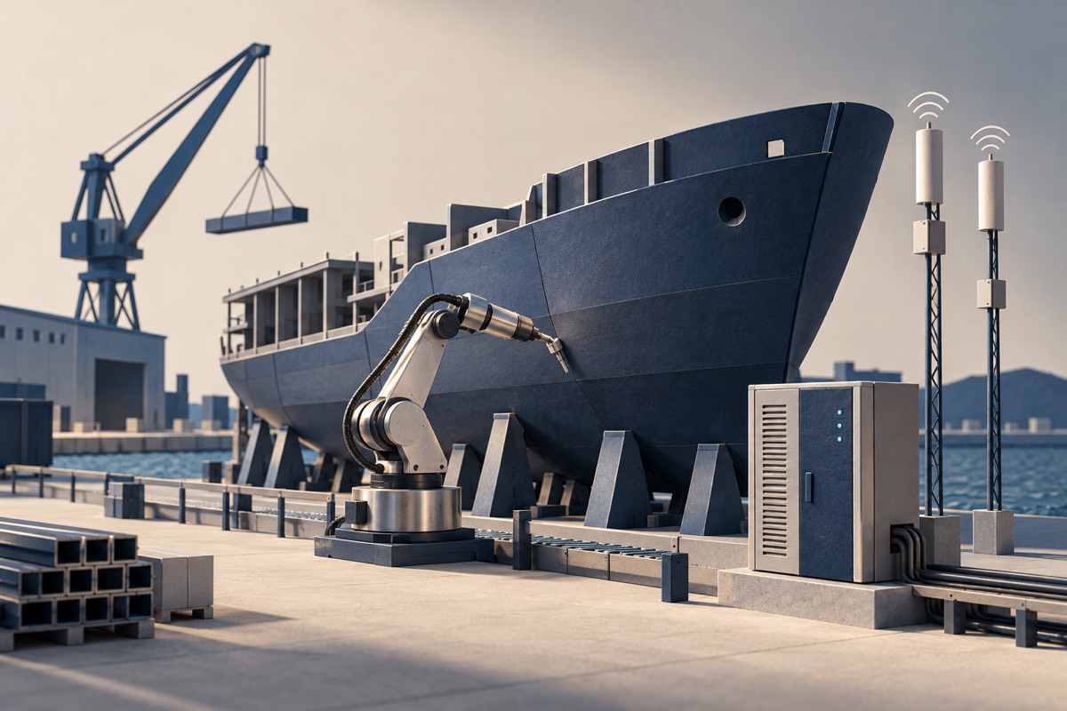 Illustrative industrial model with a ship hull, robot arm, computing cabinet and wireless masts