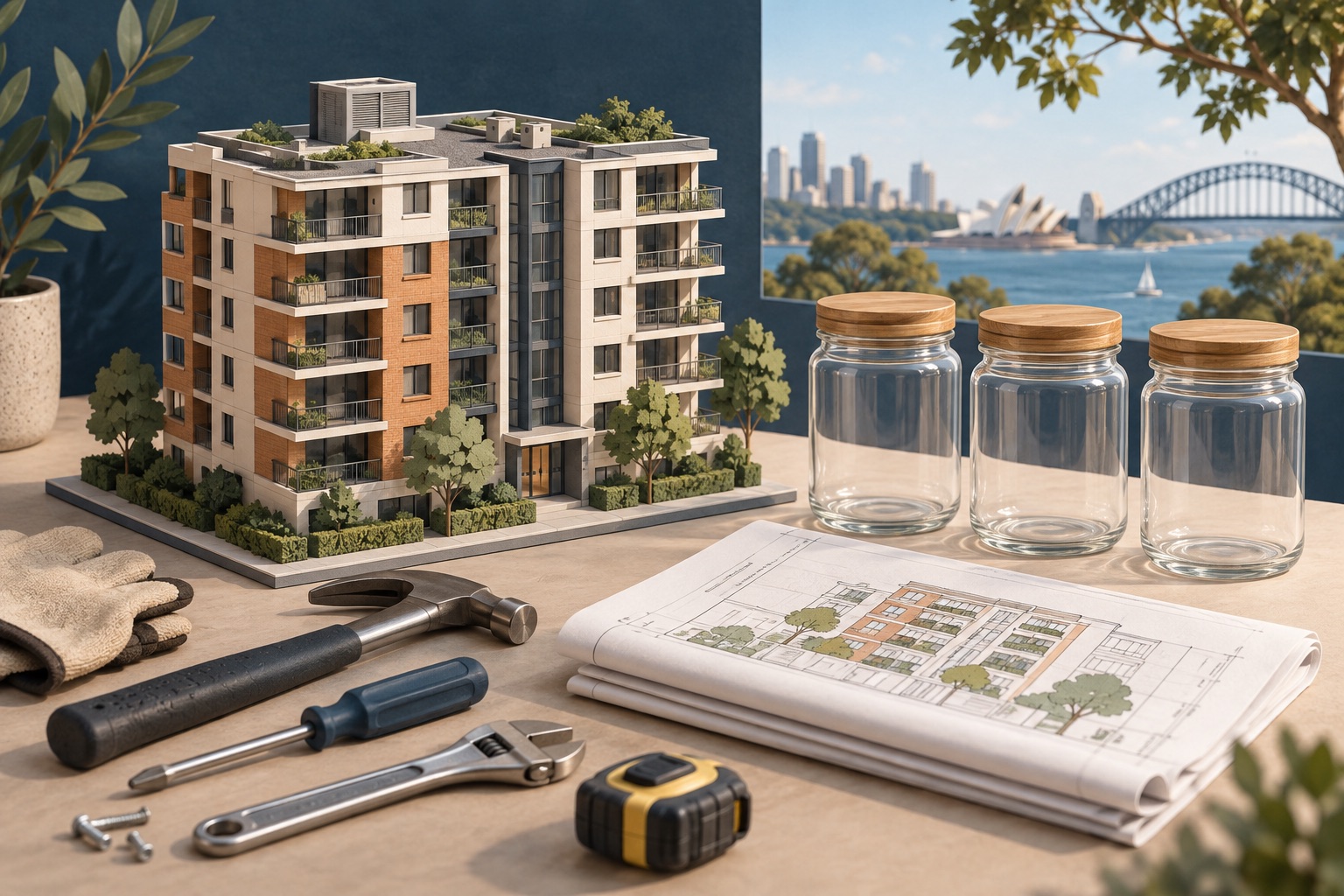 Generic apartment model with maintenance tools and three unlabelled fund jars