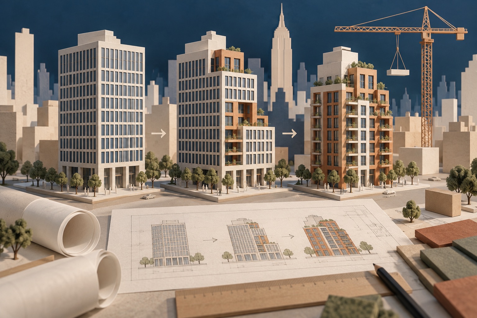 Three invented office and residential building models illustrating conversion stages
