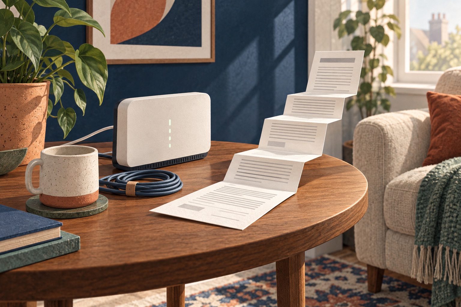 Broadband router beside a paper contract folded into rising steps