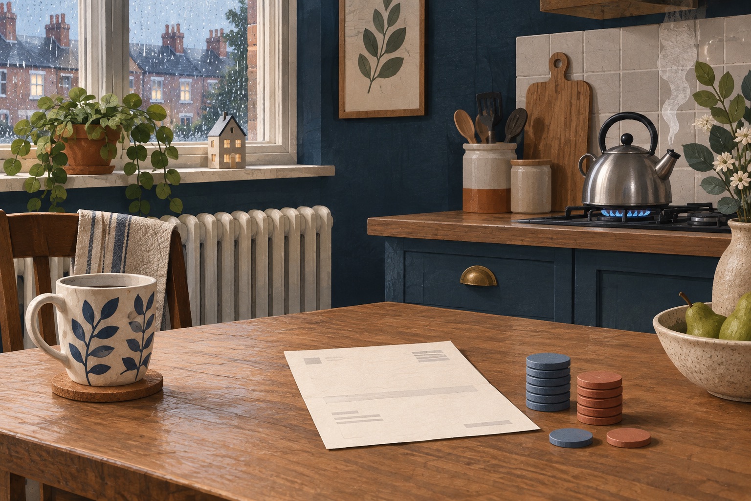 Imagined British kitchen with a radiator, kettle and blank energy bill