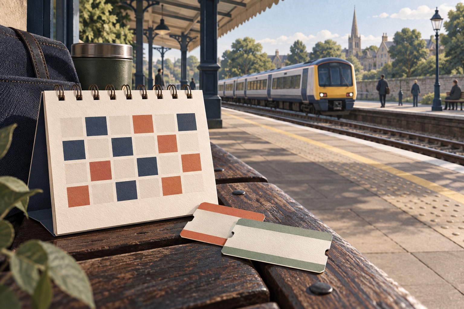 Imagined railway platform with unnumbered calendar and unbranded tickets