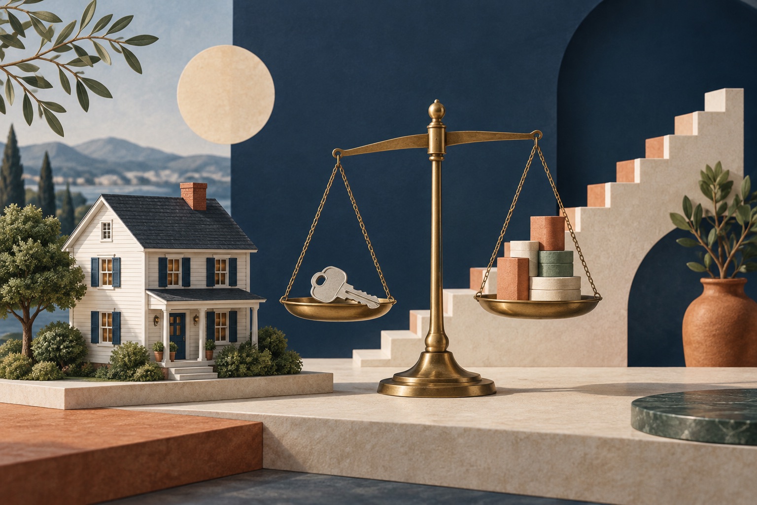 Model house beside a balance and abstract payment blocks